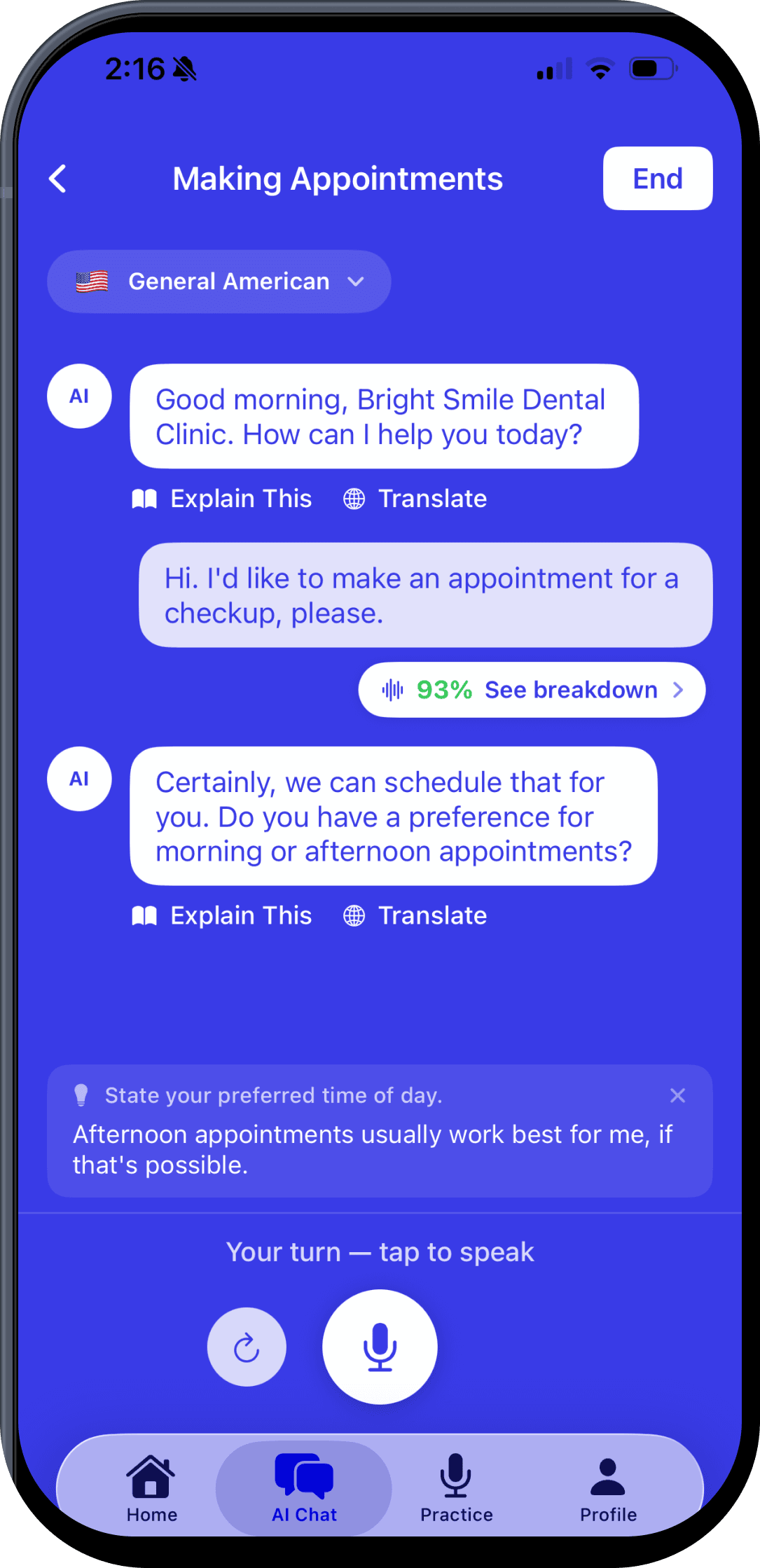 Lingova AI chat conversation with a pronunciation score on the user's message