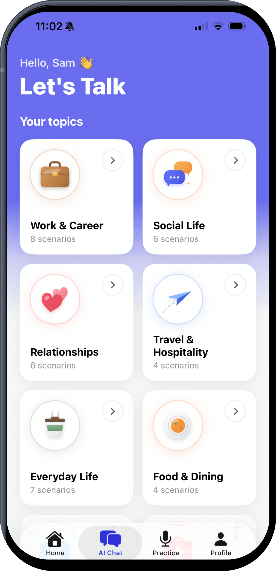 Lingova AI chat topics screen listing real-world conversation scenarios