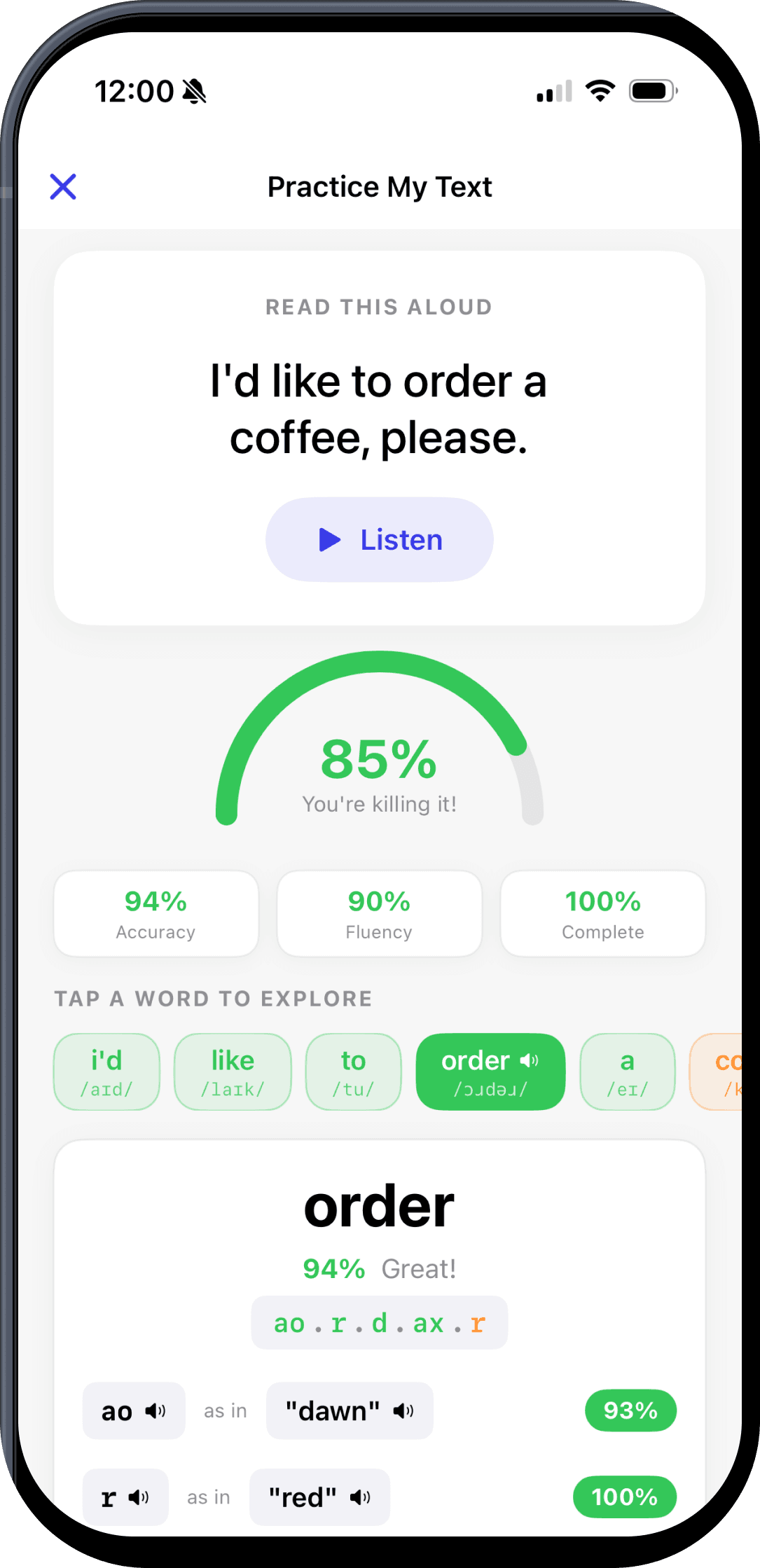 Lingova practice screen scoring a typed sentence word by word